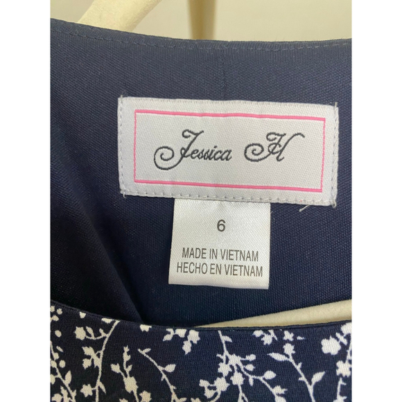 Vintage Jessica H Ditsy Floral Midi Dress Navy Fit & Flare Elegant Wedding Party - Picture 3 of 6